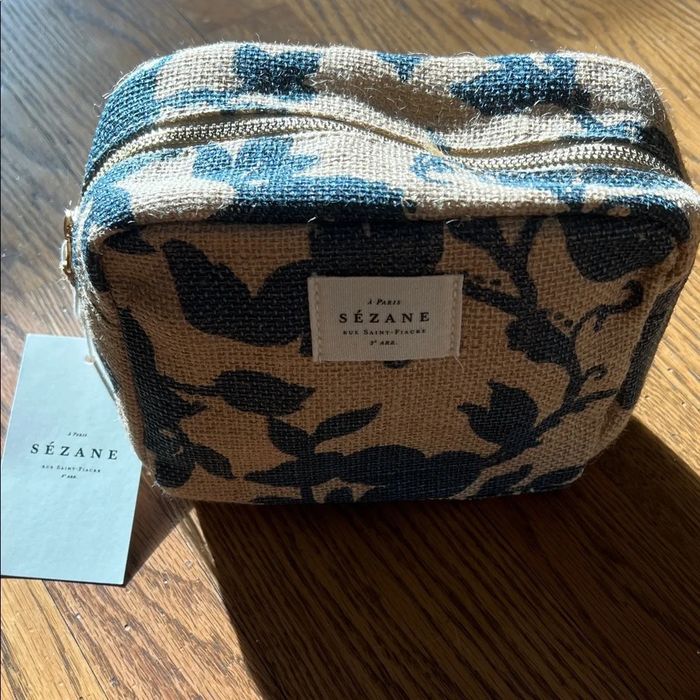 NWT Sezane Floral Jute Linen-ish Blue Makeup Travel Toiletries Bag Lined Pockets